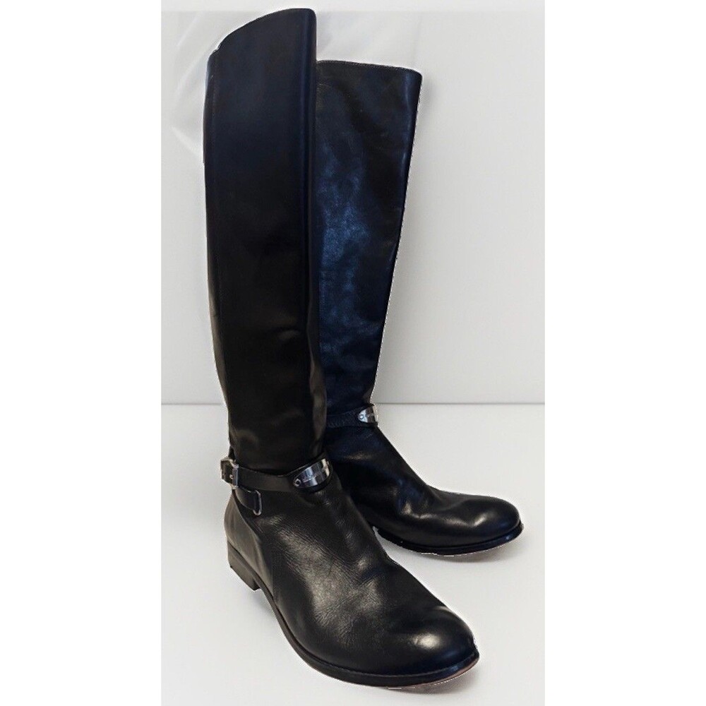 Michael Kors Women’s Black Leather Knee High Riding Boots Zip Silver Buckle 10